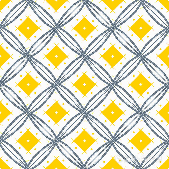 手绘部落无缝重复矢量图案.白色背景上的黄色钻石和黑线插图.