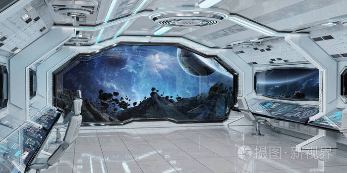 白色干净的太空船内部,可以看到遥远的行星系统,由美国宇航局提供的