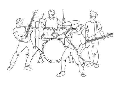 摇滚音乐乐队插图连续单线绘图风格. 动态和极简主义的设计.