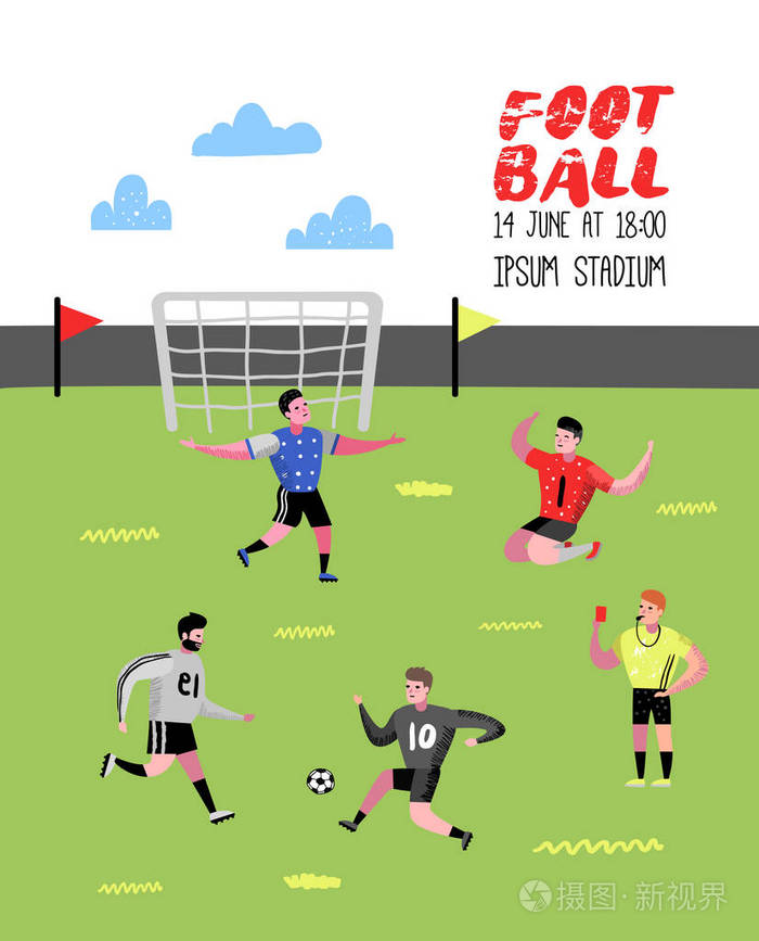 足球卡通播放器海报, 标语牌.足球运动员穿着制服.运动员字符横幅.