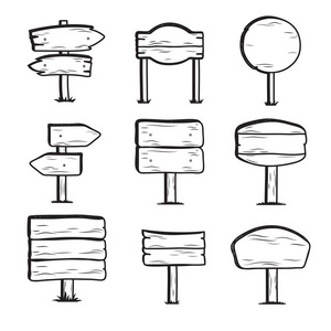 手绘路牌涂鸦木路标.手绘矢量方向符号集合照片