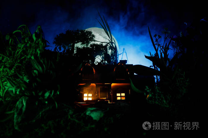 夜晚森林里的老房子,月亮. 黑暗的雾灯背景. 选择性聚焦