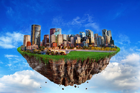 幻想浮岛卡尔加里城景悬浮于空中日落时. 抽象的想法和概念.照片