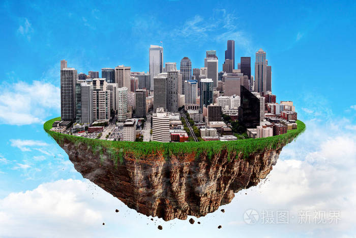 幻想浮岛与西雅图城市景观漂浮在空中多云的天空.