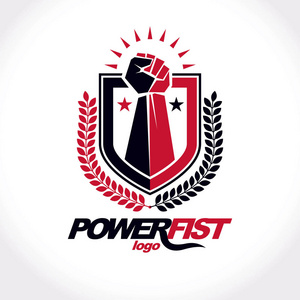 矢量符号创建使用紧握拳头的运动强壮的人保护盾牌鸟翼和不同的图形