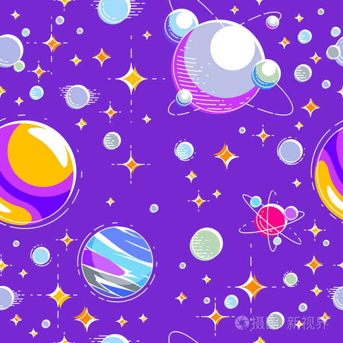 未发现的深宇宙,奇妙和惊人的纺织织物,为儿童无尽的瓷砖图案矢量插图