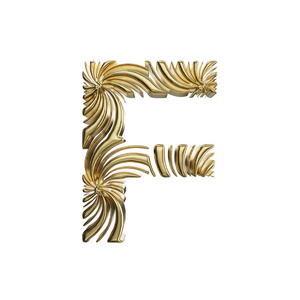 字母 f 大写.金色的字体由闪亮的黄色金属制成.