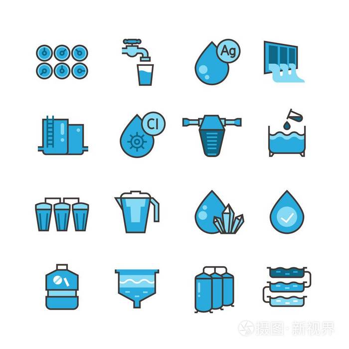 污污水处理厂与污泥滤水器的矢量图标集