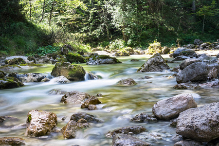 山间溪流,山林深处的河流,山涧潺潺,石头上青苔葱茏山涧上的瀑布.