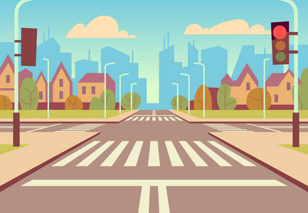 路相交路卡通城市十字路通灯 , 人行道 , 人行横道和城市景观.