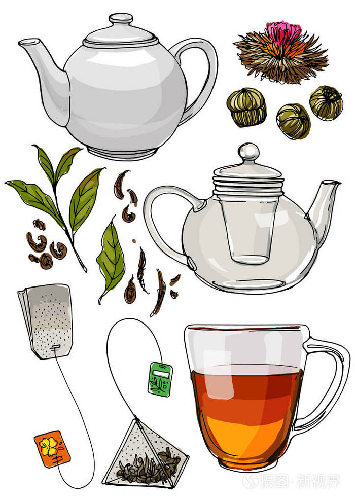 一套茶具.茶点和一个杯子在白色背景上画线条.盘子的矢量草图.