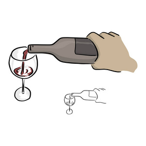 特写手倒酒玻璃矢量插图素描涂鸦手画黑线隔离在白色背景插画