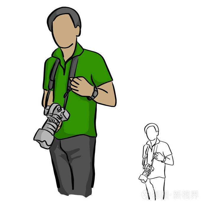 男性摄影师手持数码单反相机矢量插图素描涂鸦手画黑线隔离在白色背景
