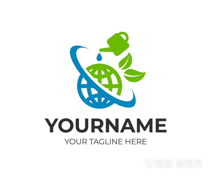 浇水可以倒水地球,地球与树叶和扭转,标志模板.