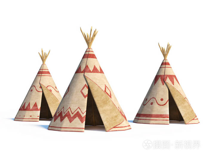 s indian tents isolated on white background, tepee village, 3d r