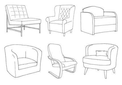 一套不同的软扶手椅. 线性草图. 矢量图.插画