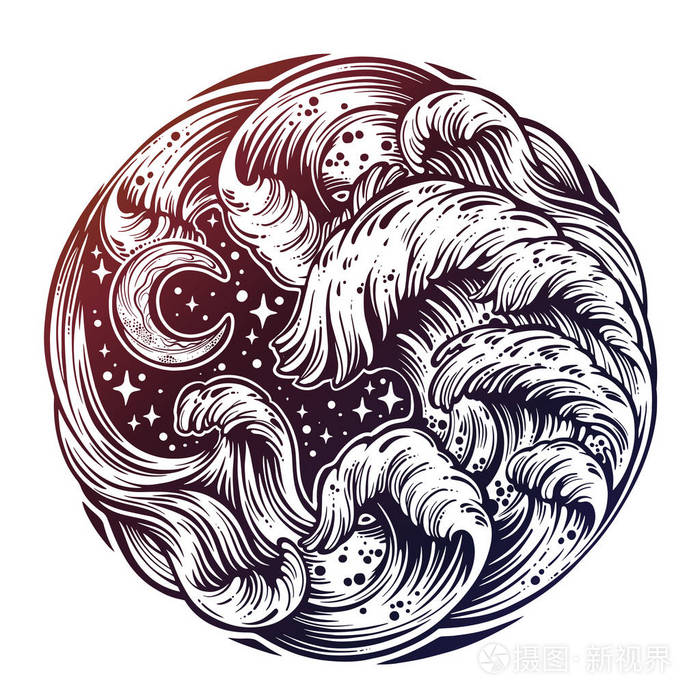 手绘水波在海线艺术图画.伟大的户外