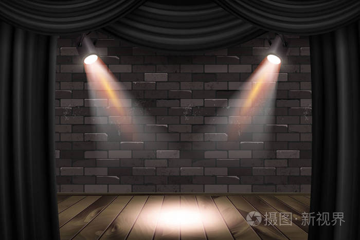 木制舞台,黑色窗帘,黑色砖墙,聚光灯模拟3d渲染