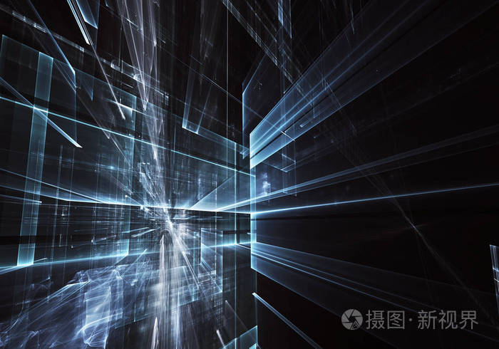 分形艺术具有光效果的超现实城市的玻璃房或街道高科技或虚拟现实概念