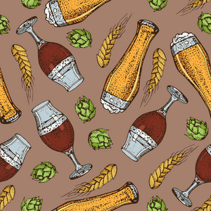 啤酒花和小麦. 卡通背景. 工艺啤酒餐厅的图形纹理.