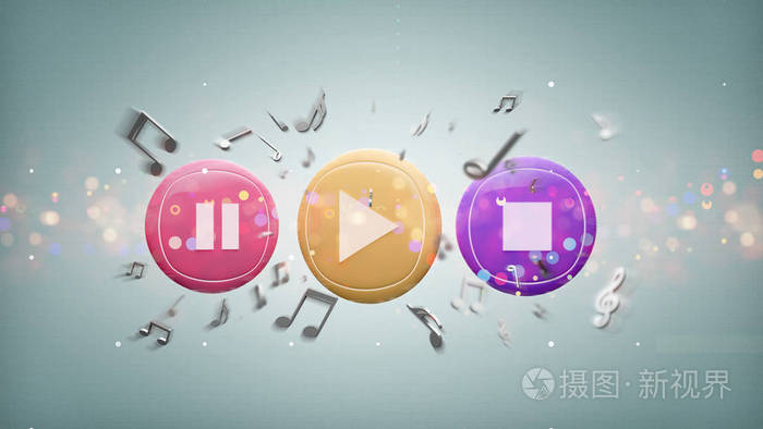 在背景3d渲染上播放的音乐按钮和音符的视图