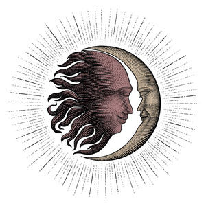 彼岸花细节纹身太阳和月亮的脸与闪闪发光的手绘,复古雕刻,钱线,细节