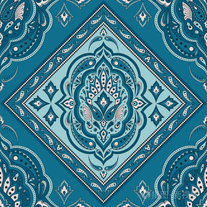 花印度佩斯利图案矢量无缝边界老式花卉民族装饰围巾手帕印花织物东方