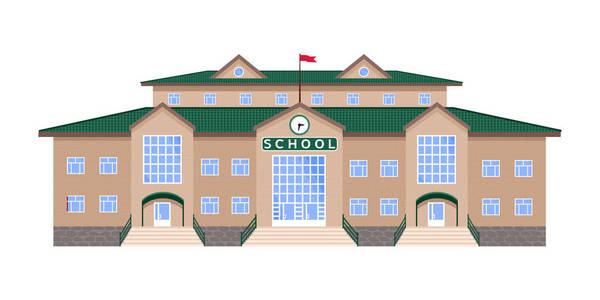 时钟的形象学校孤立的形象,经典的,严格对称的建筑轻砖与绿色屋顶时钟