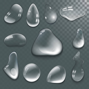透明水滴集矢量插图湿灯抽象宏新气泡加湿器图标集, 平面样式湿透图标