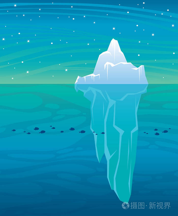 插画 矢量插图与大蓝色冰山,海洋和星空夜空.狂野的风景.eps