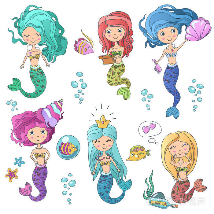 美丽可爱的警笛美人鱼设置与海洋元素.海妖美人鱼彩色线手绘矢量插图