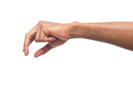 女手捡东西,剪影手势拉某物在白色背景上女性手拿起某事, 开关在黑色