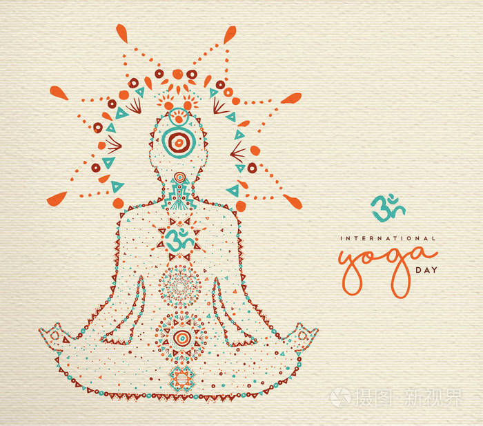 国际瑜伽日卡人放松在莲花姿态由印度文化波霍风格装饰禅宗冥想练习