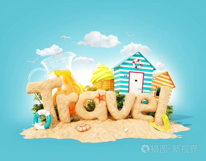 这个词是用沙子在热带岛屿上旅行的. 暑假不寻常的3d插图.