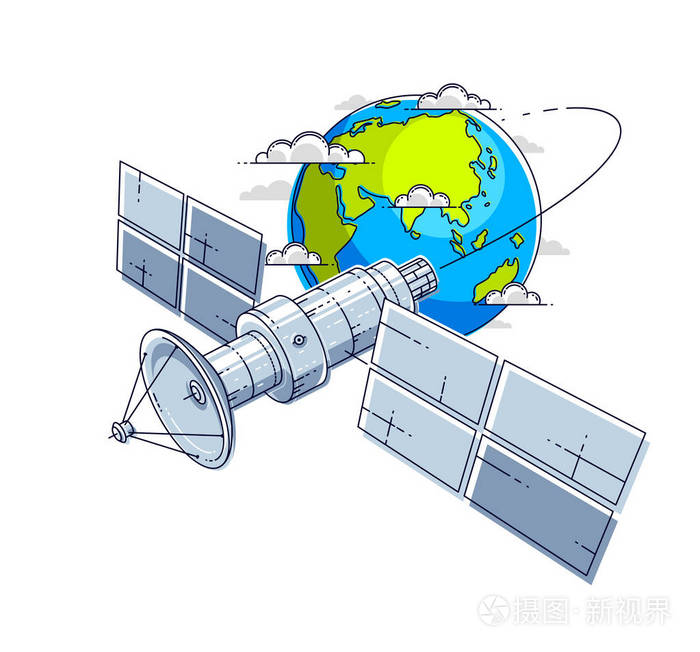 插画 通信卫星飞行轨道空间飞行围绕地球航天器空间站与太阳能电池板