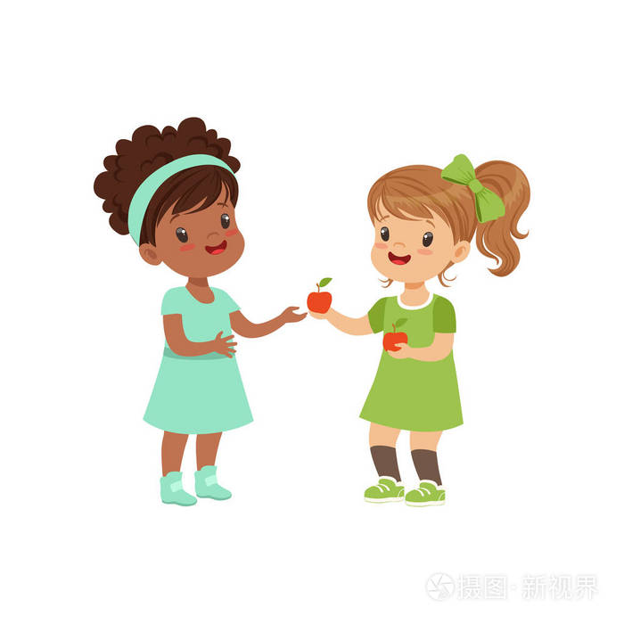 甜美的女孩给另一个女孩一个苹果, 孩子分享水果矢量插图白色背景