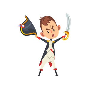 拿破仑波拿巴卡通人物手持帽子和剑在他的手中, 漫画法国历史人物矢量