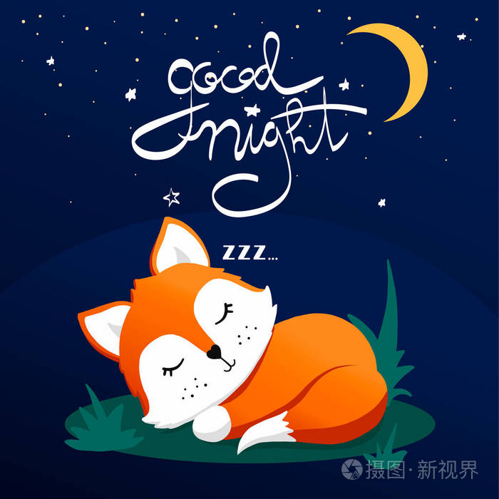 手绘矢量插画可爱有趣的睡狐狸, 刻字报价晚安.孤立的对象.
