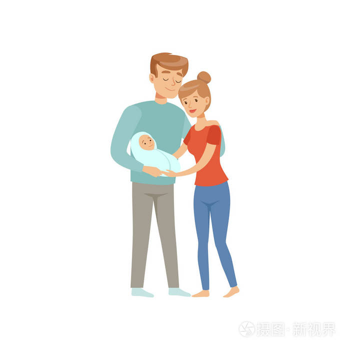 父母与新生儿, 母亲和父亲拥抱他们的孩子, 快乐的家庭概念矢量插图