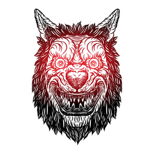 详细的狼脸与红色的眼睛插图. 矢量.照片