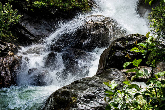 近景瀑布前景树模糊