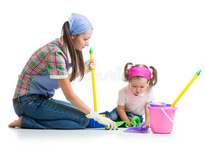 小孩 女孩 家务 洗涤剂 灰尘 打扫 女儿 可爱的 卫生