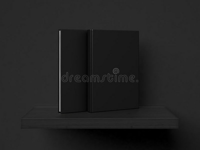书架上的空白黑书。 三维渲染