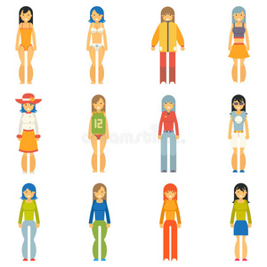 时尚女孩女性角色图标设置为平面