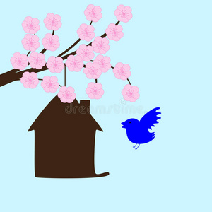 盛开的樱花和鸟舍