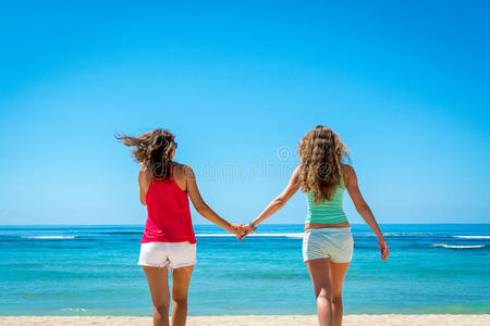 海洋 假日 友谊 享受 美丽的 自然 背面 离开 朋友 天空