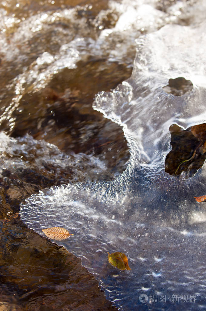 早春时小河里的流水春天的景象带冰溪的山景