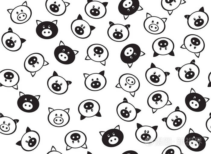 有趣的猪无缝图案黑白轮廓隔离在白色上