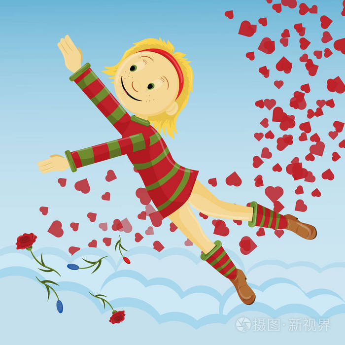 一个小女孩穿着一件连衣裙心花怒放在云间飞舞