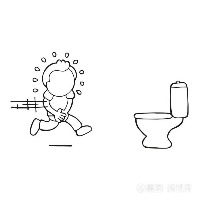 矢量手绘卡通插图,男子跑尿在马桶上.